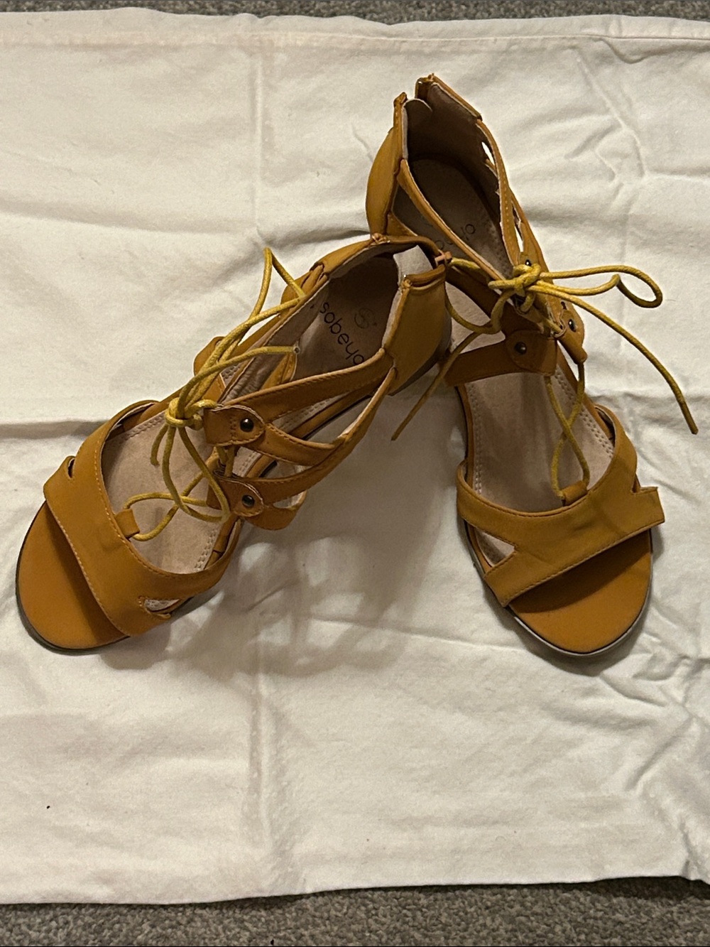 SOBEYO Mustard Yellow Lace-Up Heeled Sandals Size 10